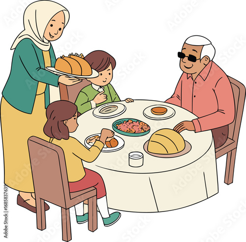 Festive family gathering illustration with food drinks and happy people celebrating a special occasion together
