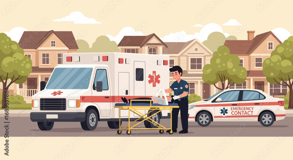 Fototapeta premium Ambulance and Emergency Medical Responder Assisting Patient on Suburban Street Scene