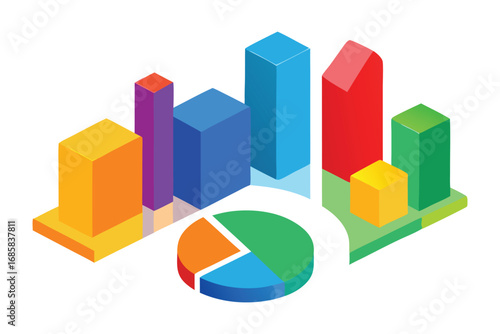 Isometric bar charts and pie chart with abstract geometric shapes graph data