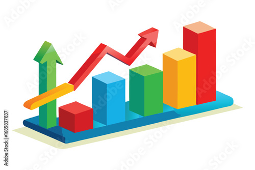 Isometric bar graph with rising red arrow and green upward arrow chart data