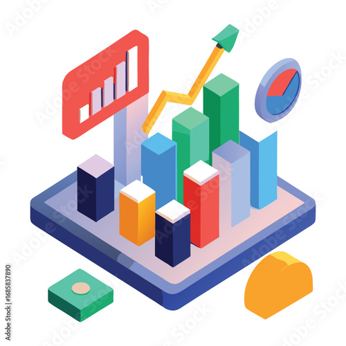 Isometric business analytics dashboard with charts and graphs data
