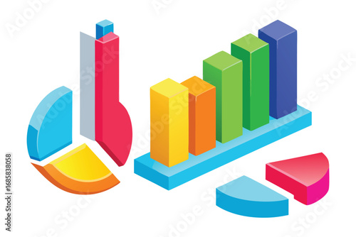 Isometric colorful bar charts pie chart segments and pie chart with magnifying glass Keywords: data analysis chart graph