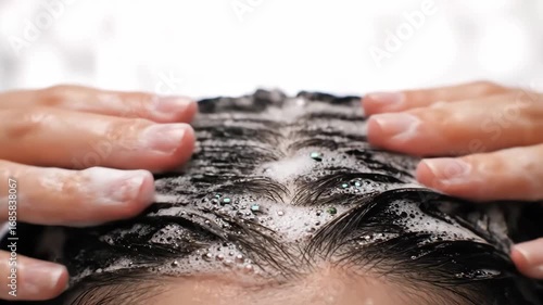 Gentle scalp massage with foamy shampoo, bubbles, and wash for healthy hair and scalp care