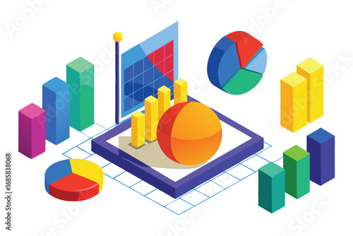 Isometric colorful bar charts pie charts sphere and grid graph on white background Keywords: data analysis chart graph