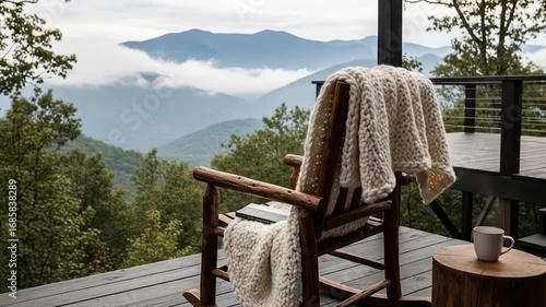 Relaxing Mountain View - Rocking Chair on Porch with Misty Landscape.