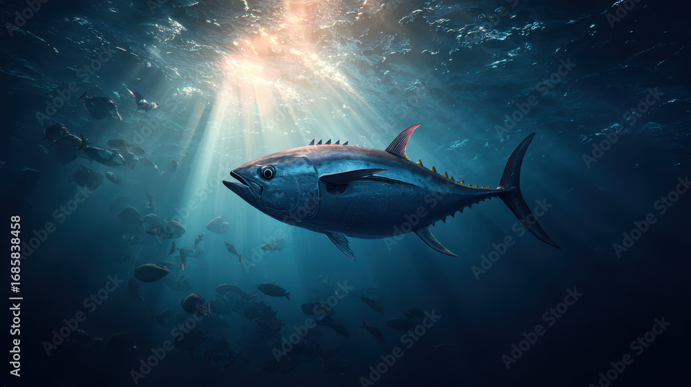 Obraz premium Majestic tuna swimming gracefully underwater ocean depths marine life photography tranquil environment side view nature conservation