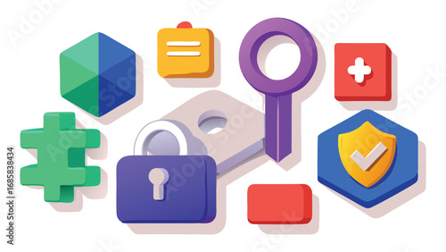 Isometric icons for security and digital concepts including locks and shields checkmark