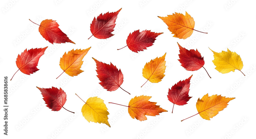 Obraz premium Autumn leaves in various shades of red orange and yellow scattered on a black background creating contrast