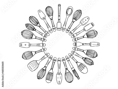 Minimilist circular arrangement of various kitchen utensils including whisks and spatulas in monochrome style vector