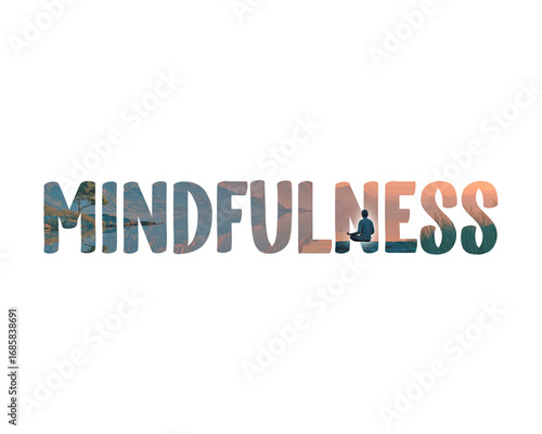 Mindfulness text effect with serene water and meditation