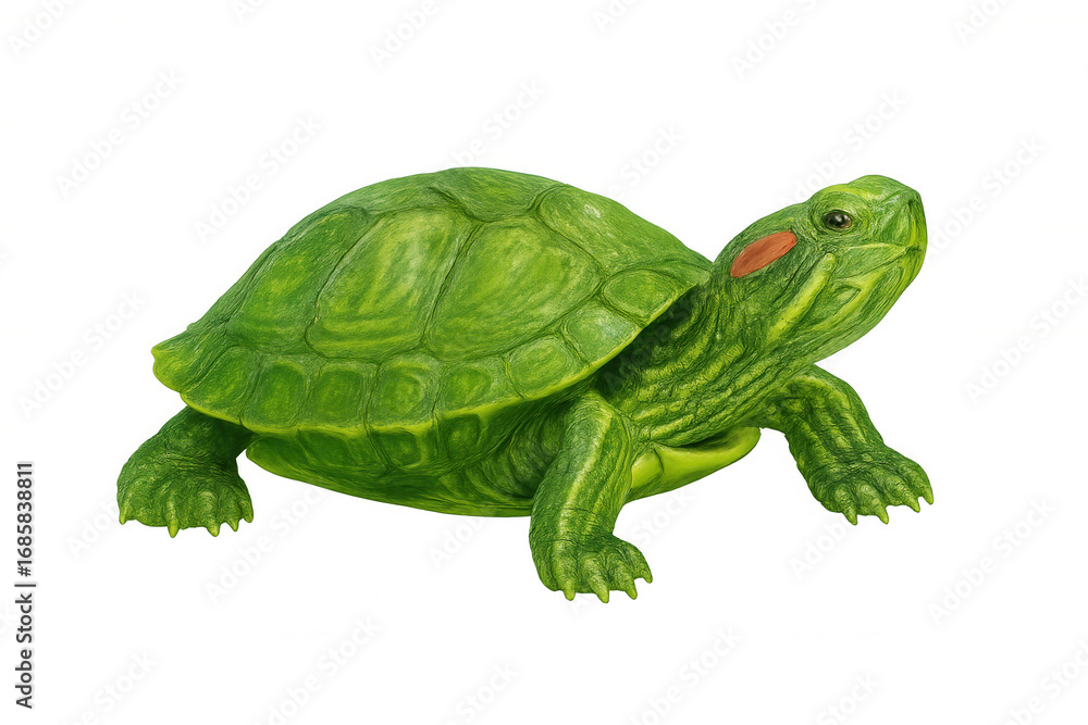 Fototapeta premium Realistic 3d rendering of a vibrant red-eared slider turtle walking slowly against a transparent background, showcasing its detailed features