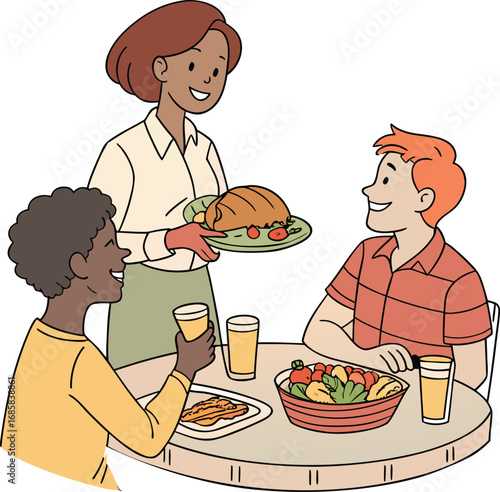 Festive family gathering illustration with food drinks and happy people celebrating a special occasion