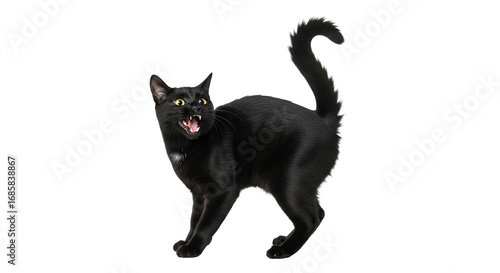 A black cat with arched back hissing with green eyes and tail up isolated on black background looking angry