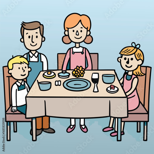 Cozy family gathering illustration with diverse people enjoying a shared meal and conversation