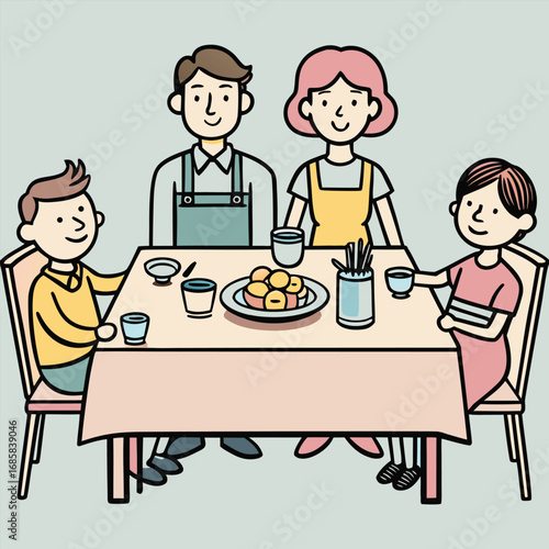 Joyful family gathering around a table for a festive meal celebrating together with food and drinks