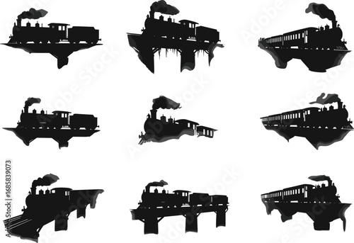 Floating Steam Train Silhouettes Vector Set, Vintage Locomotive on Cliff and Bridge, Fantasy Railway Art for Retro Design Projects