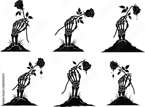 Gothic skeleton hand gripping a dripping rose silhouette vector, vintage dark romance floral anatomy design with eerie macabre elegance.