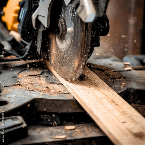 A grinder or crosscut saw working on a piece of wood, with wood dust flying.
The cutting of wood is done using a saw blade-shaped cutting tool on a work bar.