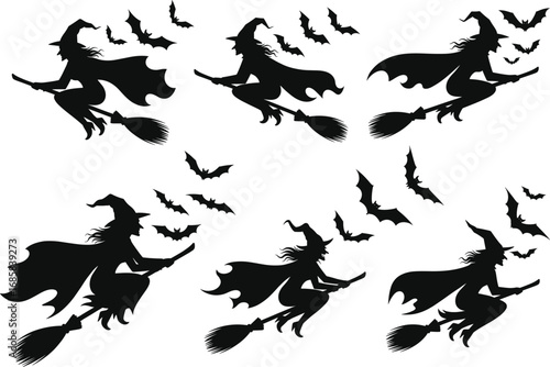 Gothic witch silhouette flying on broomstick vector, cloak billowing under full moon with bats, eerie Halloween night magic design