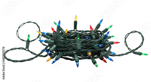 A tangled mess of christmas lights with green wire and multicolored bulbs on a black background