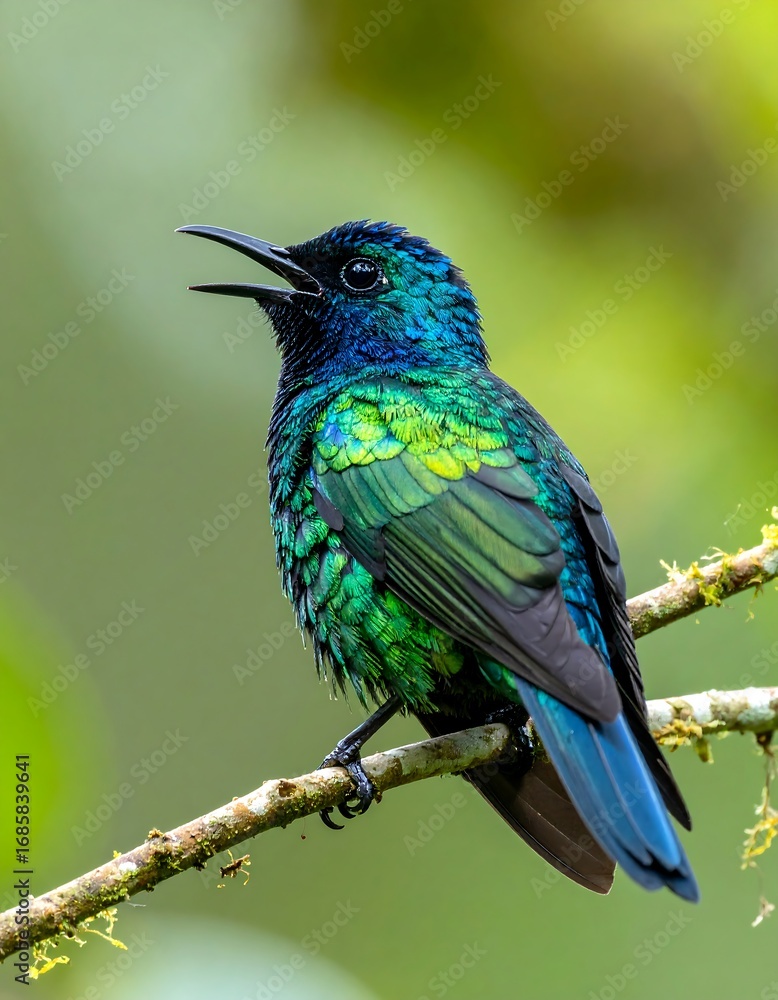 Fototapeta premium Vibrant hummingbird with iridescent plumage perched on branch