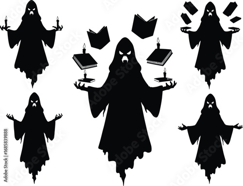 Mysterious Dark Mage Silhouettes Performing Magic with Floating Books and Candles in Gothic Style Vector Art Illustration