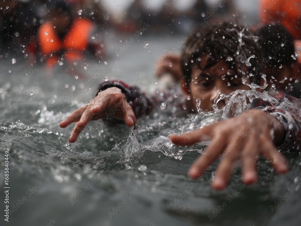 Obraz premium Child struggling to swim amidst water in a rescue situation near a crowded shoreline during a crisis event