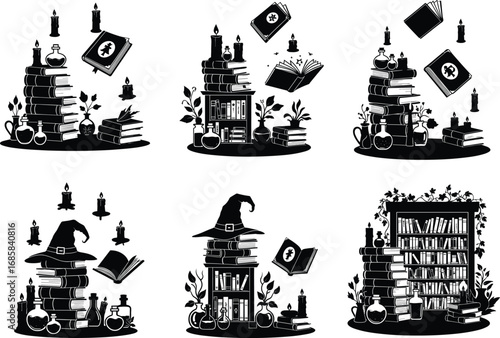 Witchy book stack vector, spell books with potion bottles, candles, herbs, witch hat, magical library shelf, Halloween aesthetic clipart