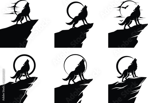 Wolf Howling at Full Moon Vector Set – Wild Animal Silhouette on Cliff with Moon and Bats for Nature or Halloween Design