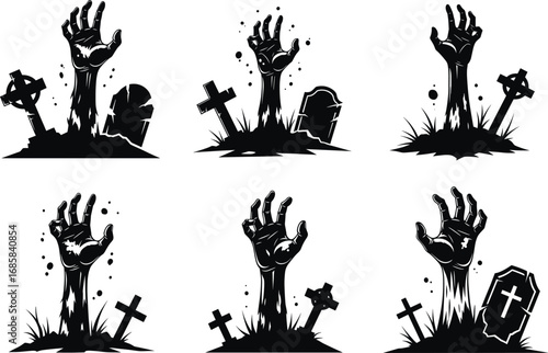 Zombie hand rising from grave with tombstones and crosses, spooky Halloween night, scary undead silhouette in creepy cemetery scene.