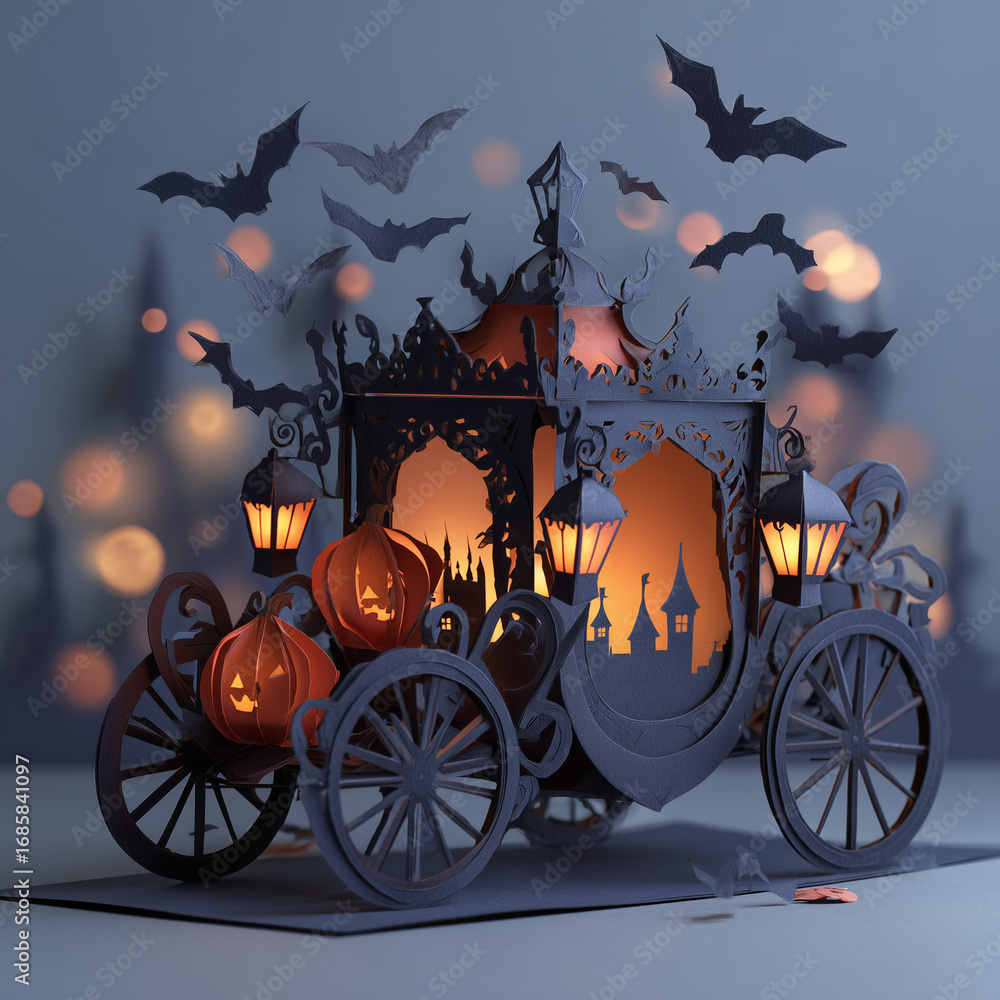 Fototapeta premium Halloween celebration, ghosts, Halloween lemur, Halloween greeting cards, pumpkin, candy carriage, witch