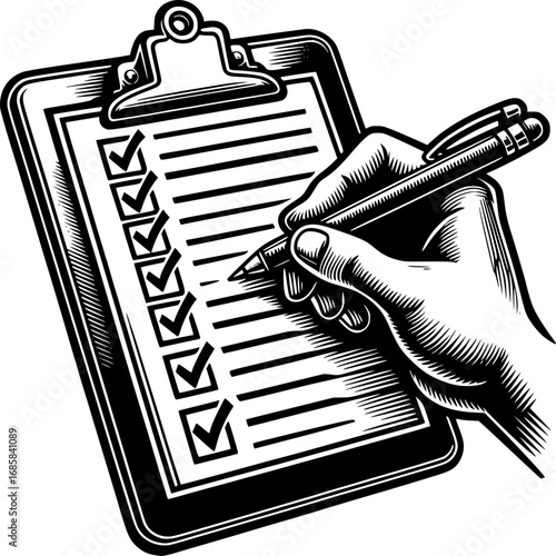 Detailed Checklist: An insightful portrayal of a hand, diligently penning in checkboxes on a detailed checklist, signifying completion and meticulousness.