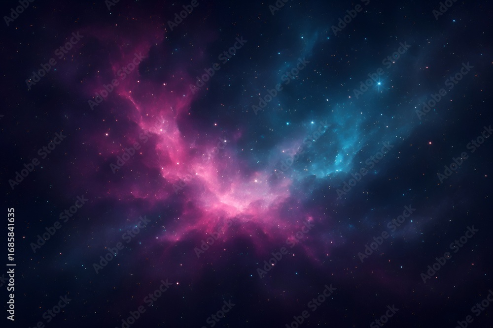Obraz premium Colorful cosmic nebula with glowing magenta, teal, and indigo gas clouds, star clusters shining through interstellar dust, deep space background for science, inspiration, and futuristic design