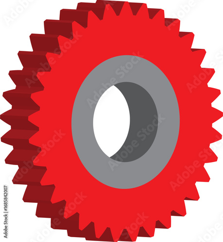 Red spur gear pinion vector illustration showing detailed 3D mechanical cogwheel design. Perfect for engineering, machinery, industrial, and technical design projects.