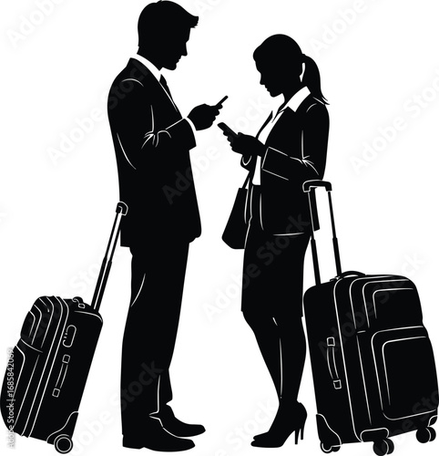 Business travelers couple standing with rolling luggage, using smartphones, formal attire, airport or travel concept, black silhouette vector illustration