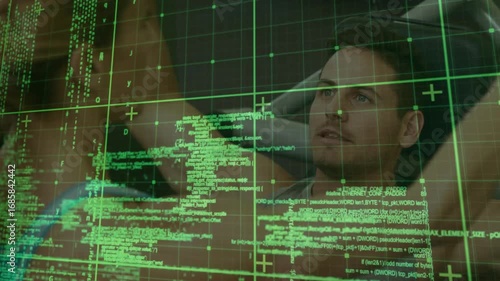 Fitness trainee adjusting posture at gym triggered by biometric code while trainer monitoring stats