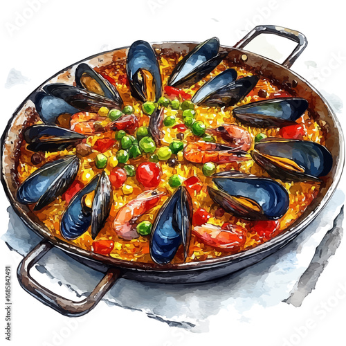Paella, watercolor illustration vector, isolated on a white background.