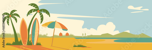 Flat summer beach with palm trees, surfboards, and houses – Suitable for warm tropical scenes, summer travel branding, or holiday decor