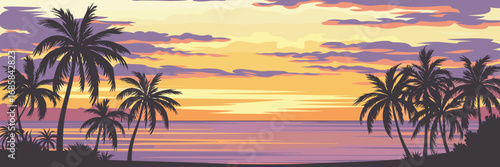 Sunset landscape with palm tree silhouettes and ocean horizon – Great for travel posters, tropical branding, or romantic getaway visuals