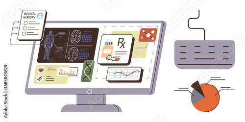 Computer screen displays medical history, radiology images, prescription icons, and DNA graphic. Includes keyboard and pie chart. Ideal for healthcare, telemedicine, diagnostics, research