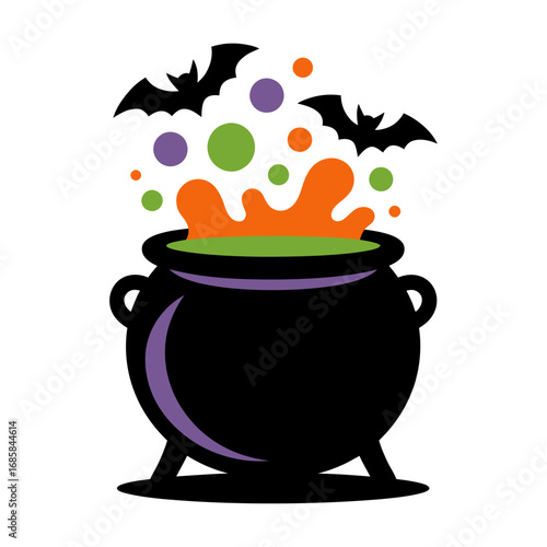 vibrant halloween cauldron with bats and colorful potion silhouette vector illustration