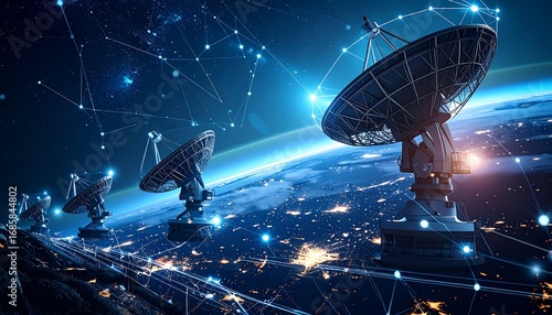 Satellite dishes in space overlooking Earth, connected by a network of glowing lines