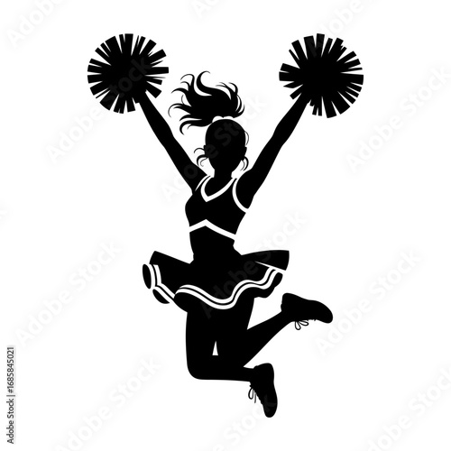 energetic silhouette of cheerleader jumping with pom poms in hand vector illustration