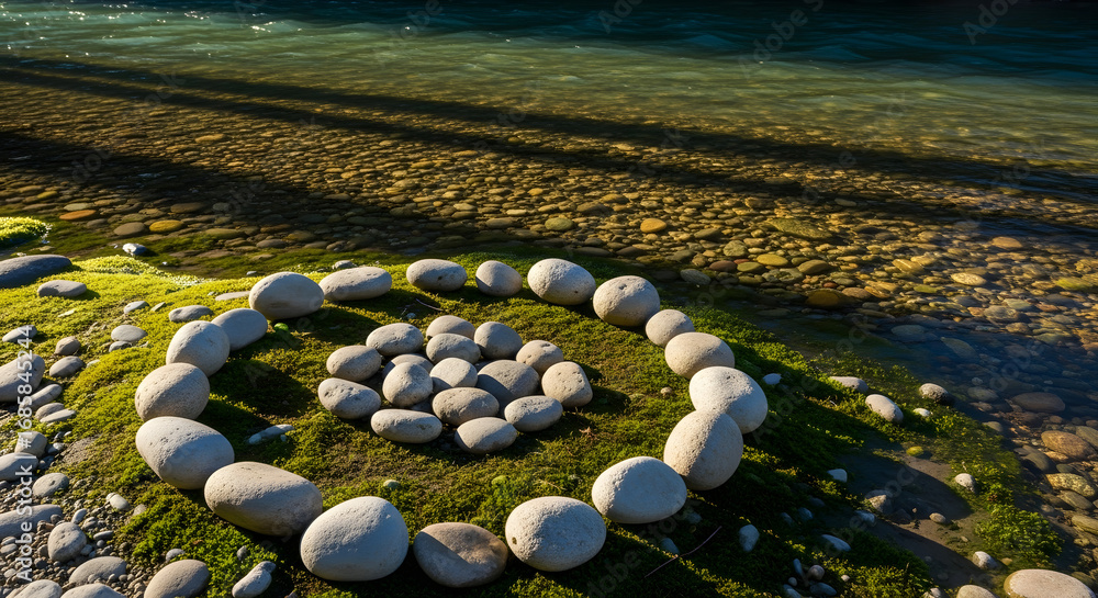 Obraz premium Spiral Rock Formation on Mossy Shoreline by Tranquil River Nature Art
