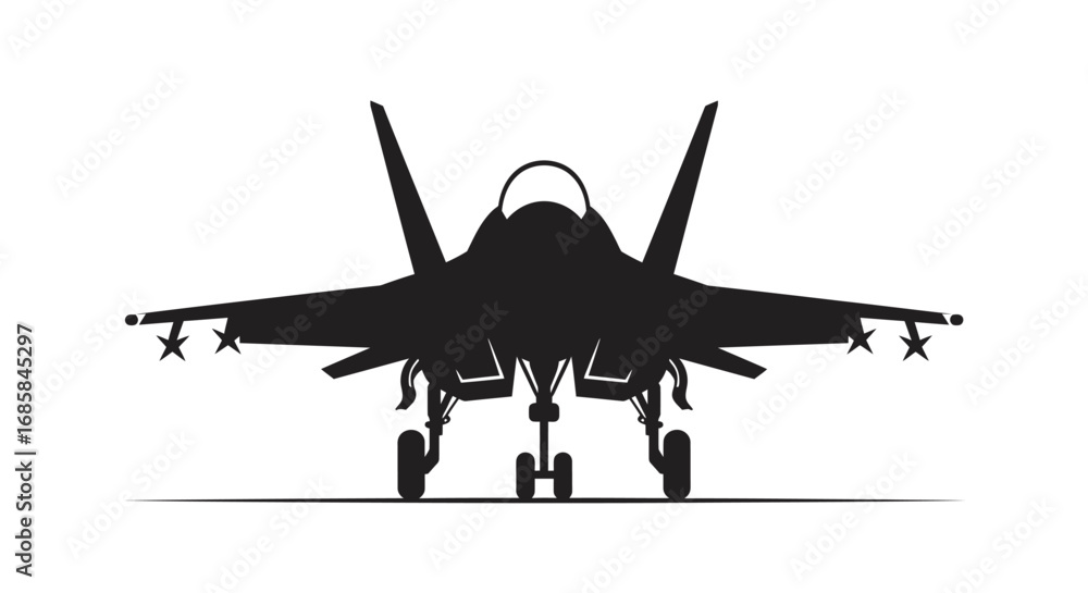 Fototapeta premium Silhouette of a modern fighter jet aircraft from a front view on a white background ready for takeoff or landing