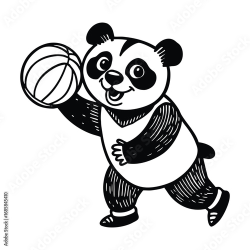Adorable cartoon panda bear playing basketball with enthusiasm and joyful expression