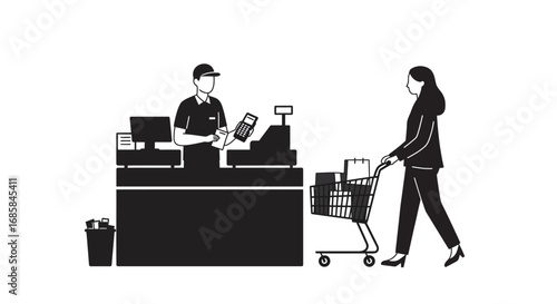 Customer with shopping cart at checkout counter interacting with cashier in a retail store environment illustration