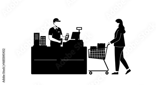 Silhouette of a shopper with a full shopping cart interacting with a cashier at a checkout counter in a store