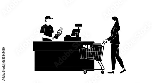 Silhouette of a grocery store cashier wearing a cap scanning items for a customer with a shopping cart at the checkout counter