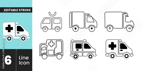  Ambulance and Emergency Vehicles Line Icons: A collection of 6 editable stroke icons for medical transport and healthcare service vector graphics.